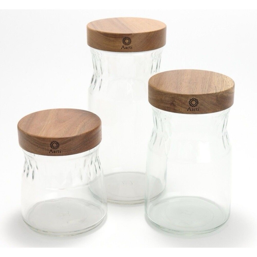 Aarti Sequeira 3-Pc Etched Glass Storage Canisters w/ Acaica Wood Lid